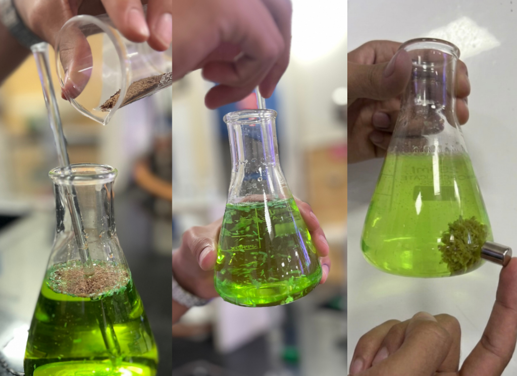 3-phase demonstration - Adding the powder to coloured water, mixing, and attracting clumped microplastics using a handheld magnet